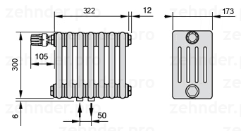 Схема (чертеж) Радиатор Zehnder Charleston 5030/7 №V007 Белый глянцевый RAL 9016